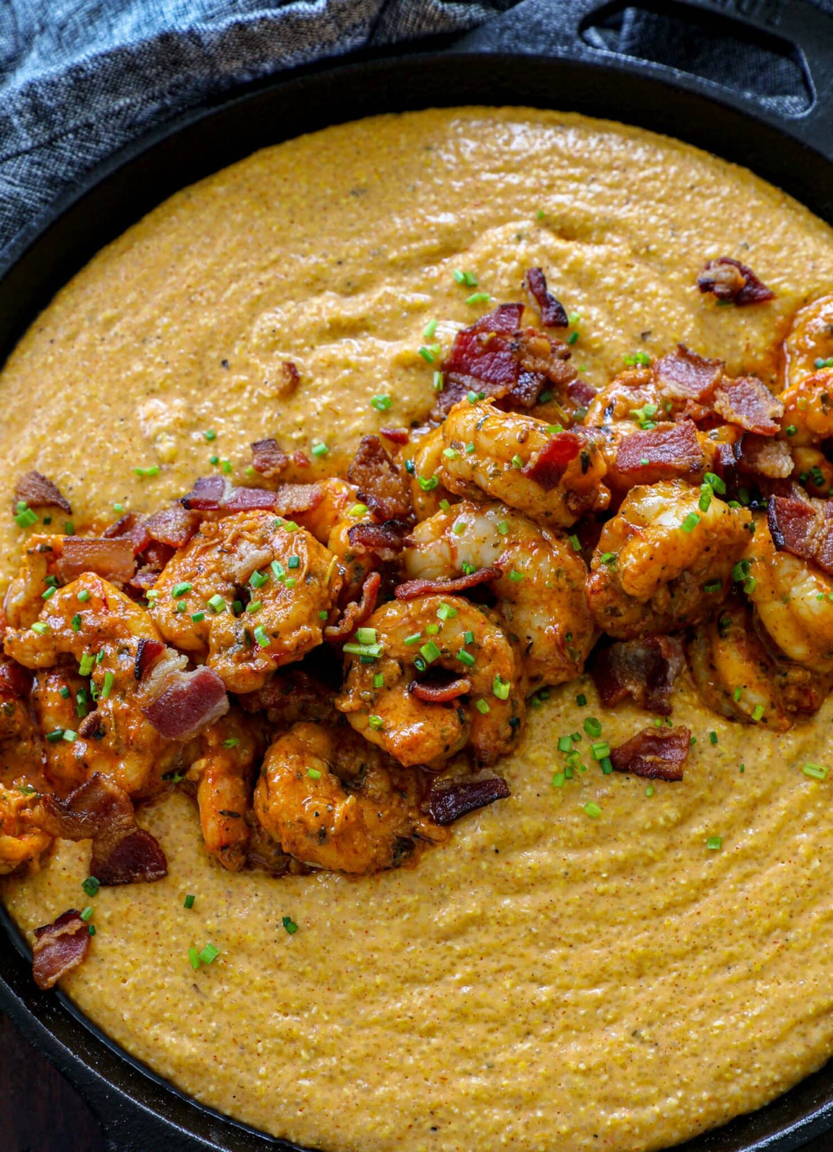 New Orleans-Style Shrimp and Grits with Bacon Cream Sauce and Gouda Grits