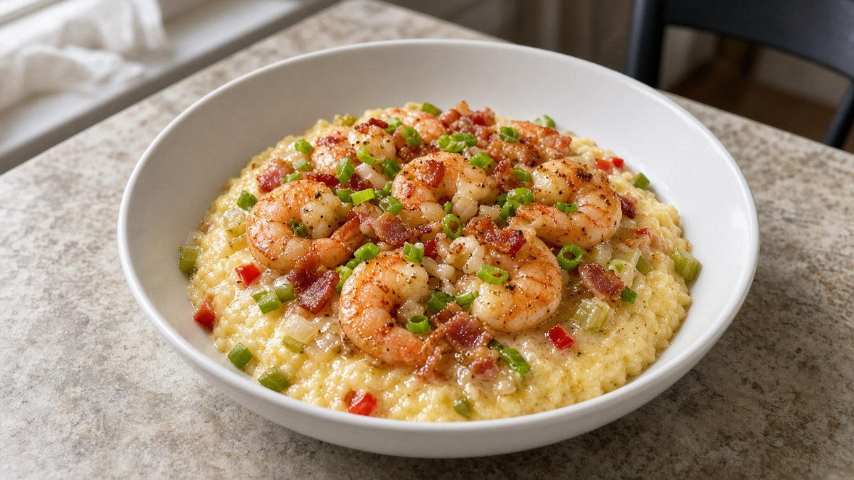 New Orleans-style shrimp and grits with bacon cream sauce and Gouda grits