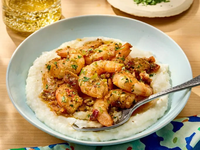 New Orleans-style shrimp and grits with bacon cream sauce and Gouda grits
