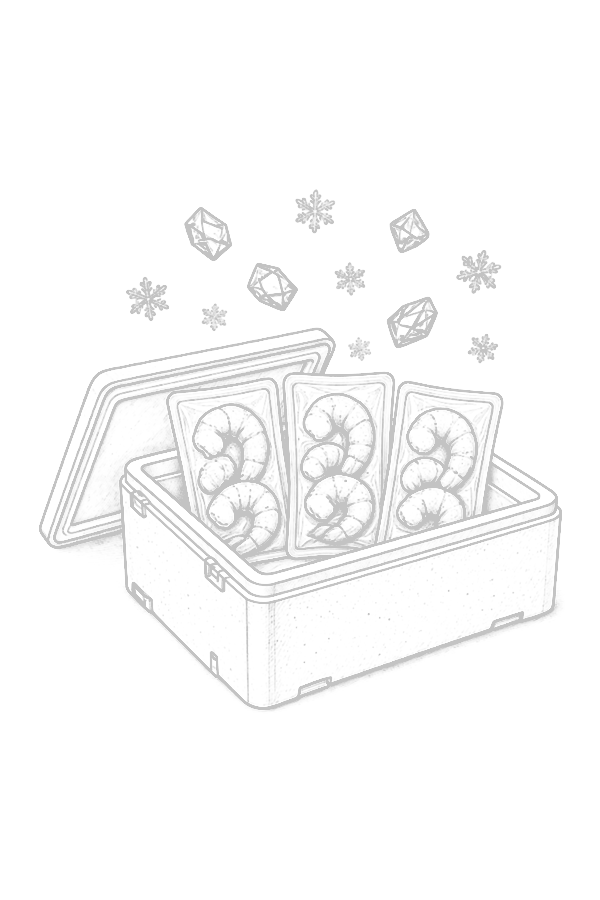 Frozen bags of peeled Louisiana shrimp in an insulated cooler