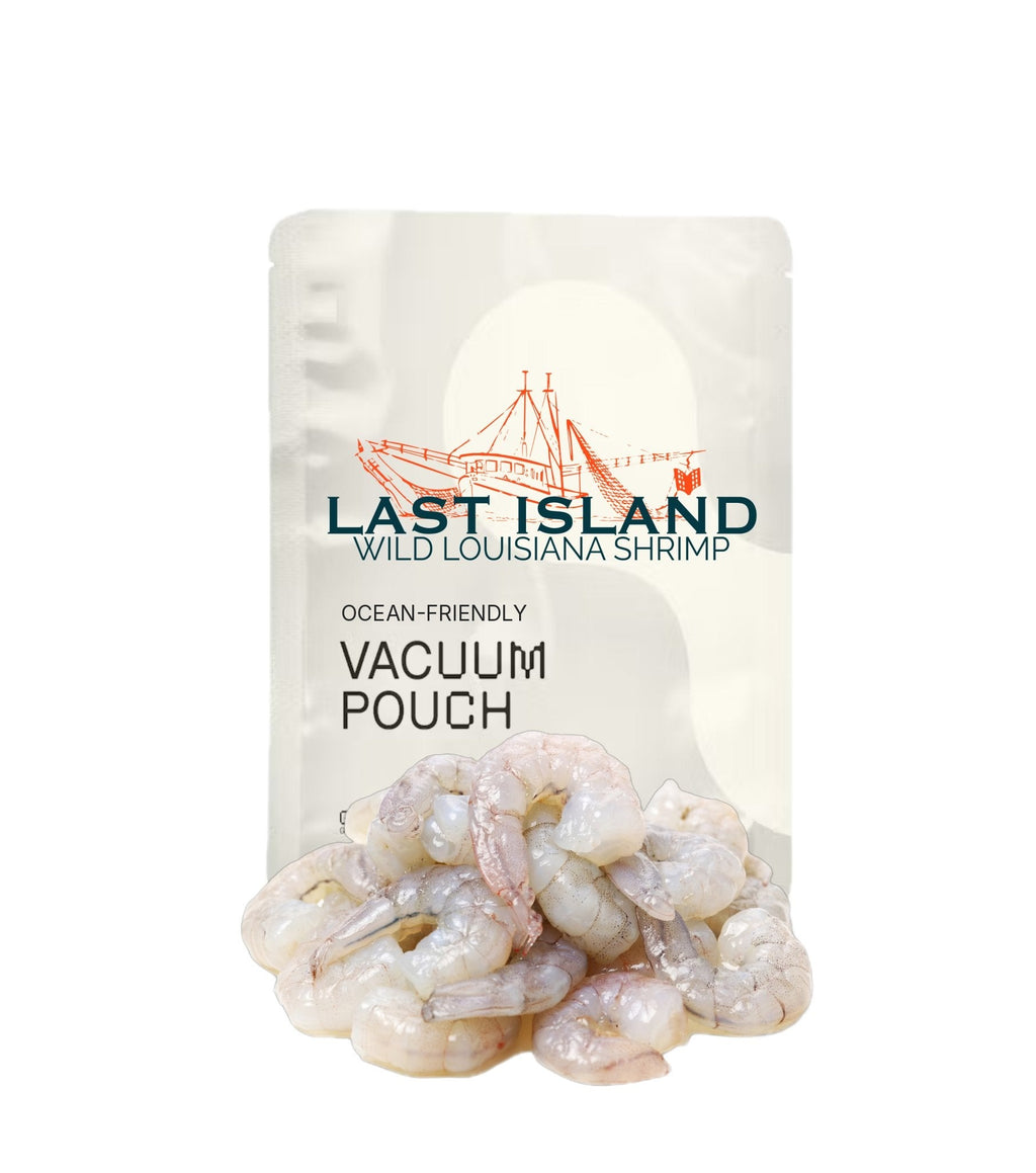 Wild Louisiana shrimp, nothing added, in a ½-lb ocean-friendly pouch